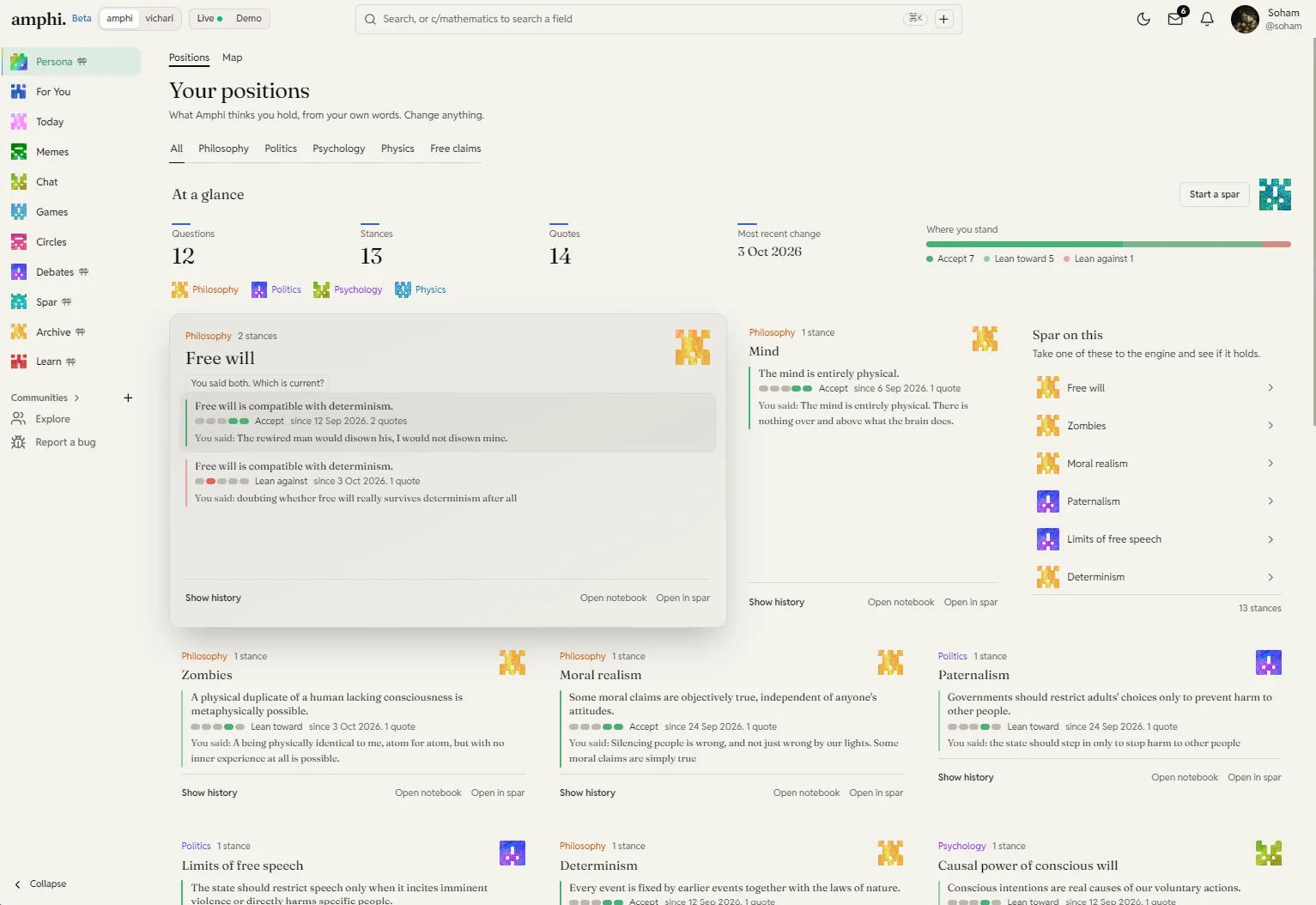 Amphi positions page listing stances by topic