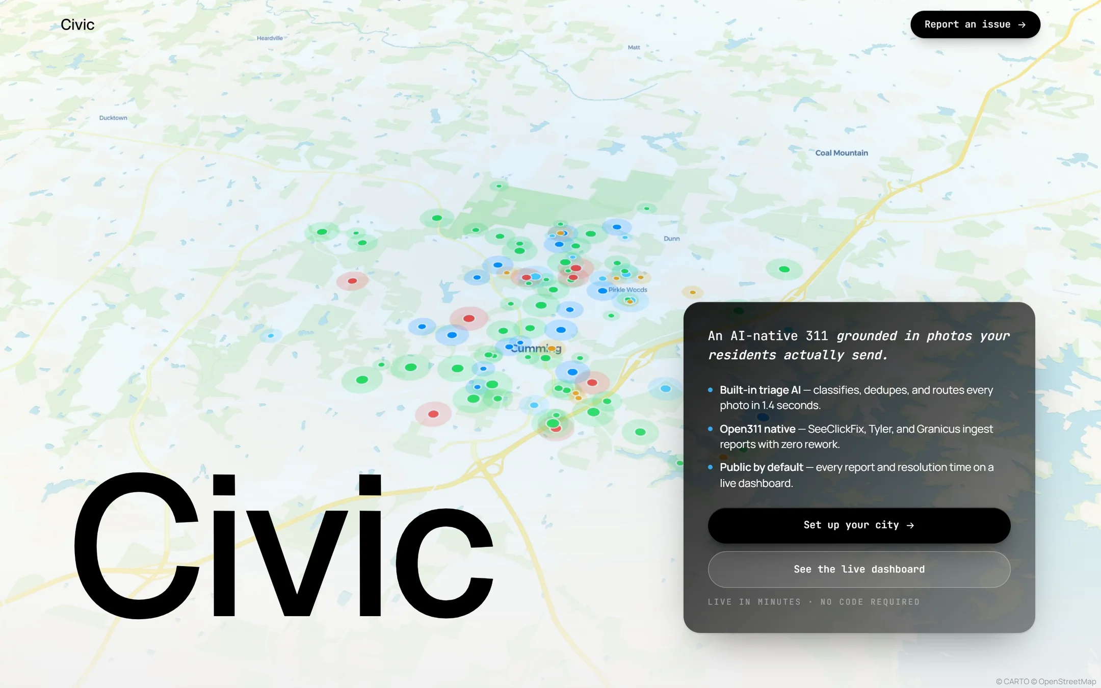 Civic landing page with the report map